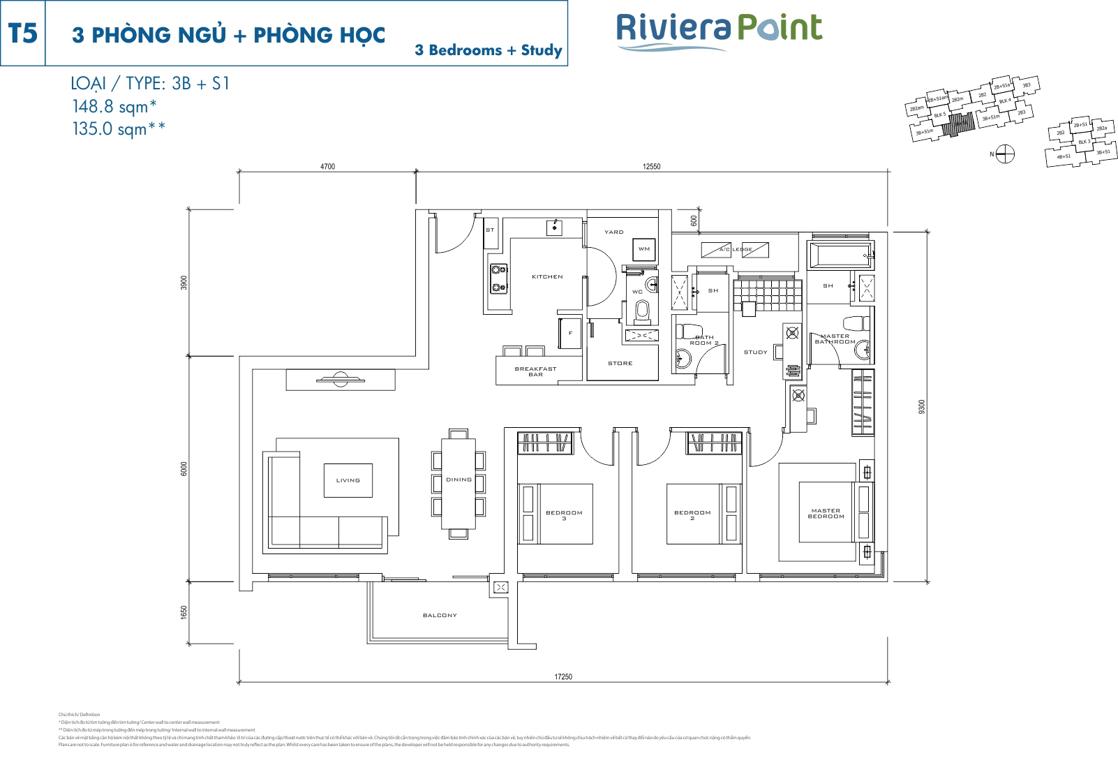 Mặt bằng căn hộ Riviera Point loại 3 phòng ngủ