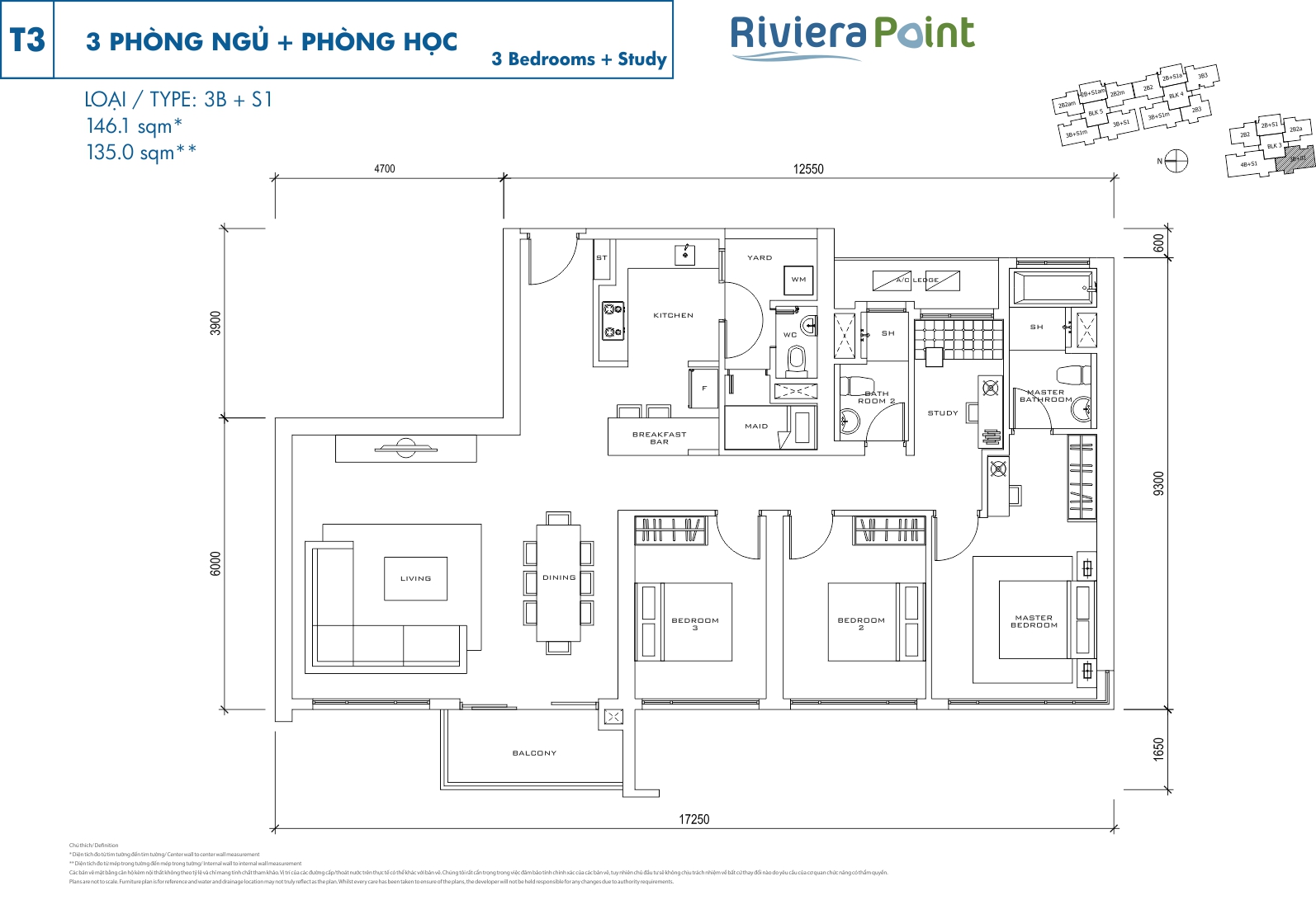 Mặt bằng căn hộ Riviera Point loại 3 phòng ngủ