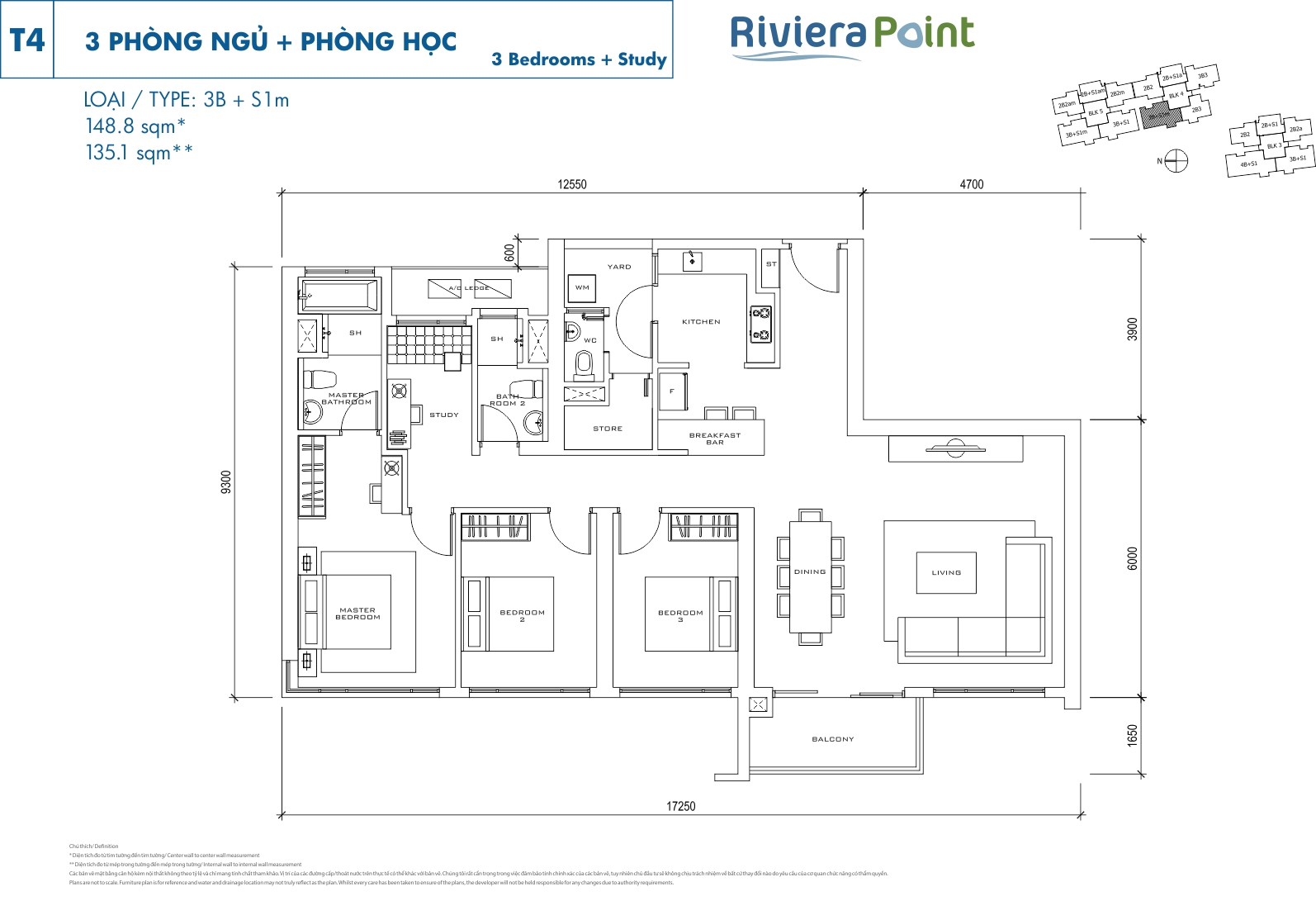 Mặt bằng căn hộ Riviera Point loại 3 phòng ngủ